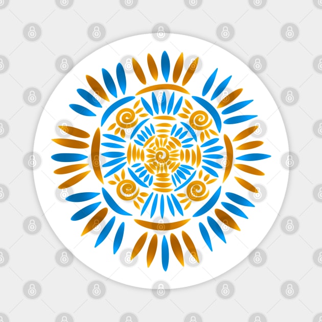 Bohemian Mandala Crochet Pattern - Boho Medallion - Ancient Ethnic Ornament Obereg - Folk Magic Shamanic Tribal Mood - Deep Cyan Blue Dark Sea Shade - Medium Ochre Orange Brown Magnet by GrandTartaria